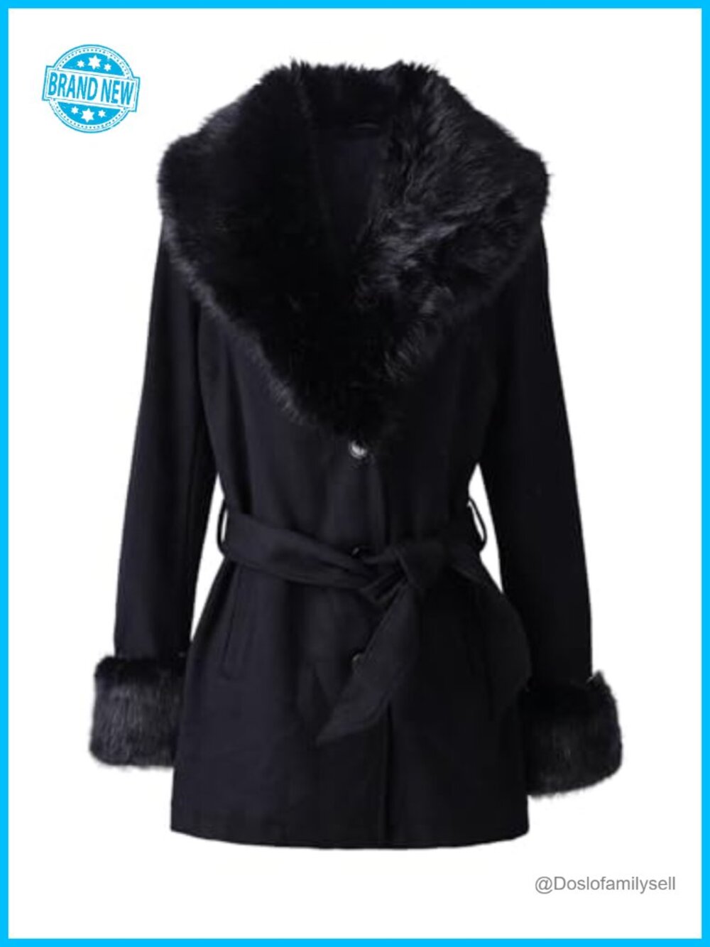 Wool Blend Trench Coat Faux Fur Shawl Collar Belted
